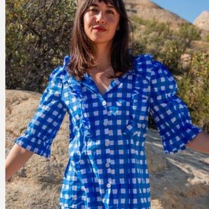 SZ Blockprints Hartley Blouse Blue Checkered Button Down Shirt Size M